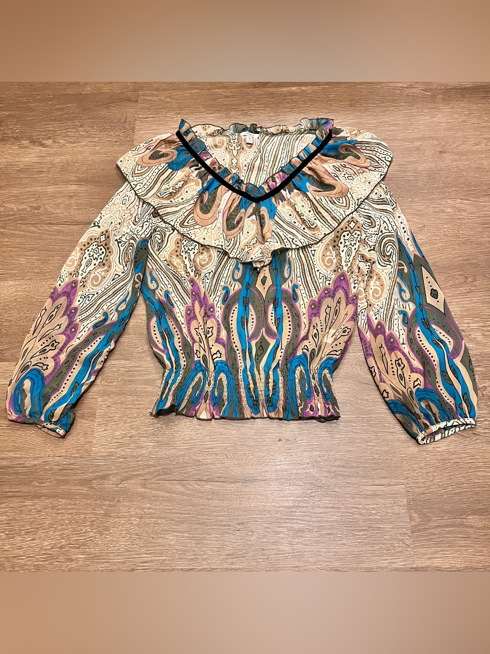 NICOLA Paisley Print Blouse | Boho Peasant Top with Velvet Tie | Size S